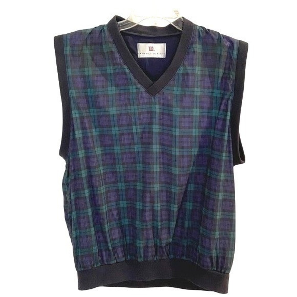 Thomas E Wilson Golf Vest Mens XL Polyester Navy Green Plaid Windbreaker V-Neck